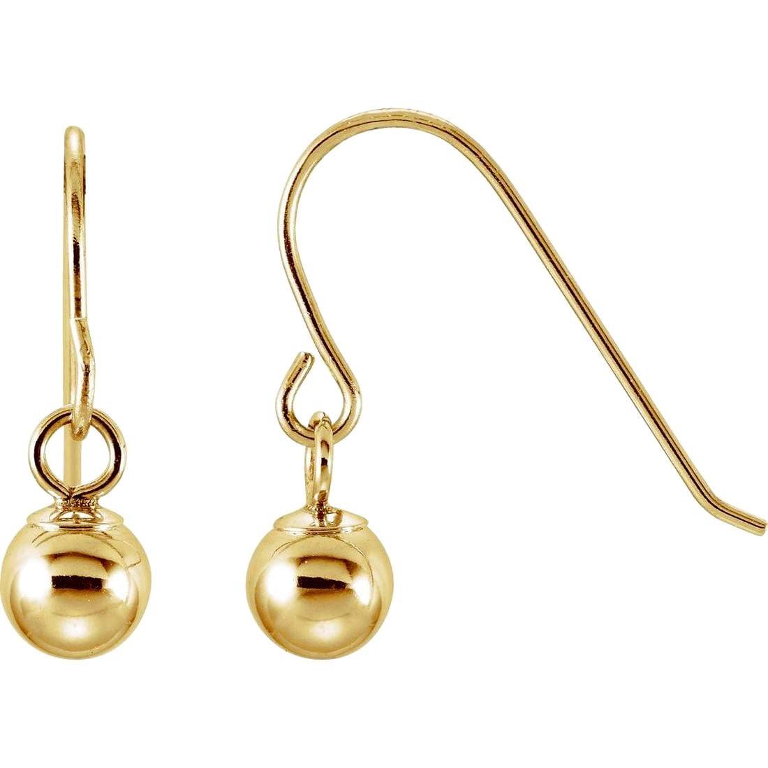 14k Yellow Gold 4mm Wire Backs Polished Ball Long Drop Dangle Earrings With Shepherd Hooks Ball Earring for Women