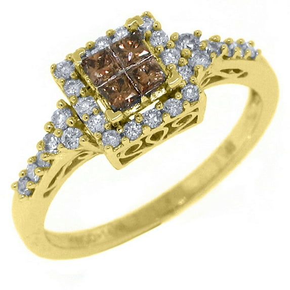 14k Yellow Gold .50 Carats Princess Champagne & Brilliant Round Diamond Ring