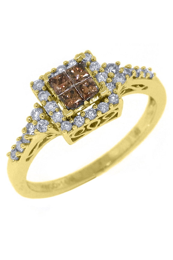 14k Yellow Gold .50 Carats Princess Champagne & Brilliant Round Diamond Ring
