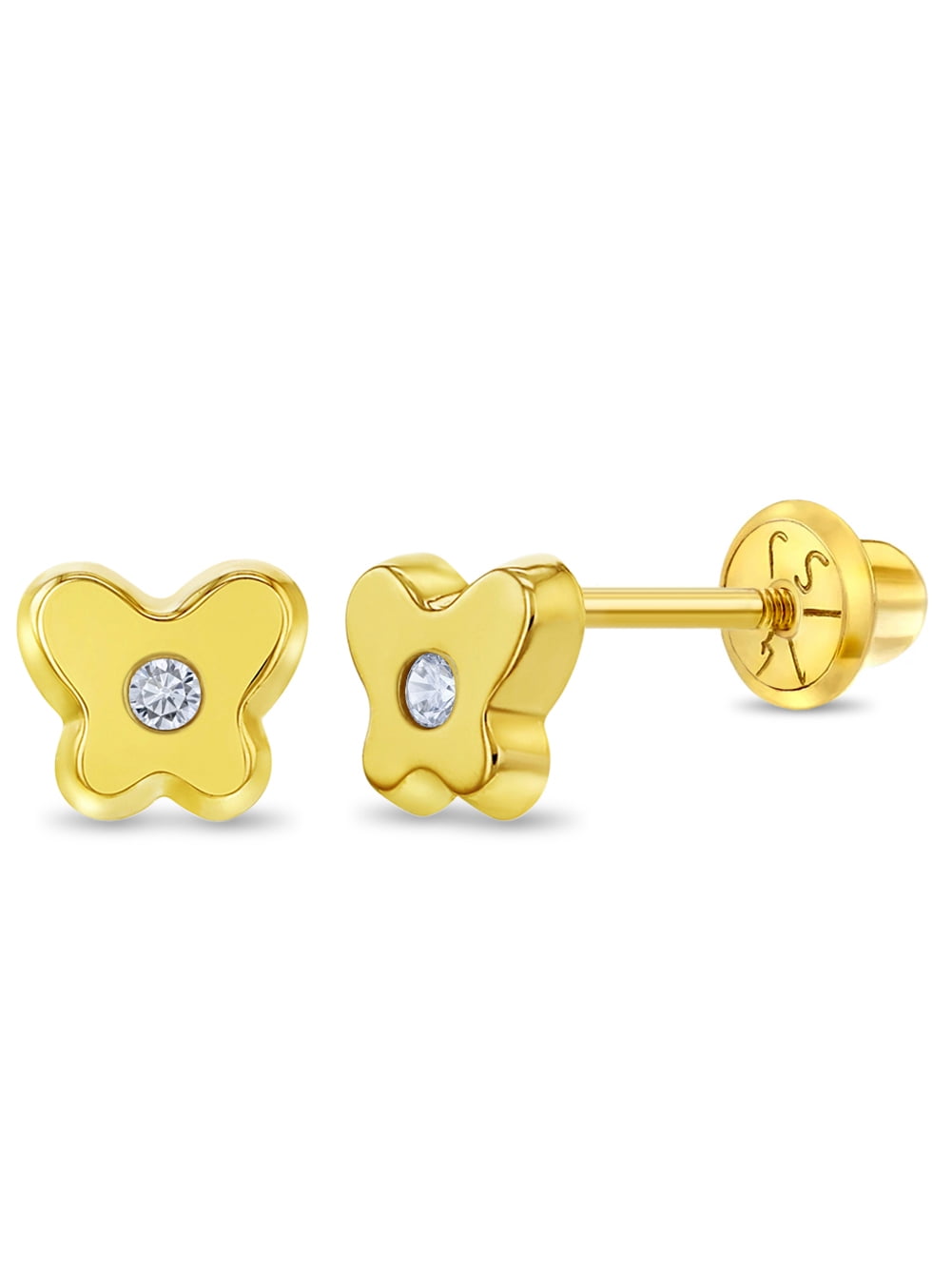 14k Yellow Gold 5mm Cubic Zirconia Butterfly Screw Back Stud Earrings for Girls