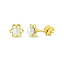 14k Yellow Gold 5mm Cultured Pearl Flower Screw Back Earrings for Little Girls