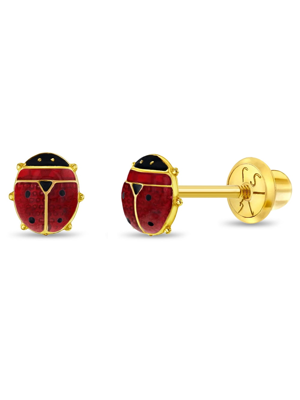 14k Yellow Gold 5mm Red Enamel Ladybug Screw Back Earrings for Infants-Toddlers