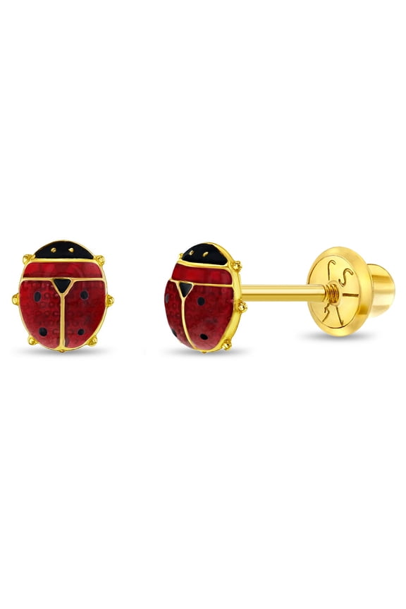 14k Yellow Gold 5mm Red Enamel Ladybug Screw Back Earrings for Infants-Toddlers