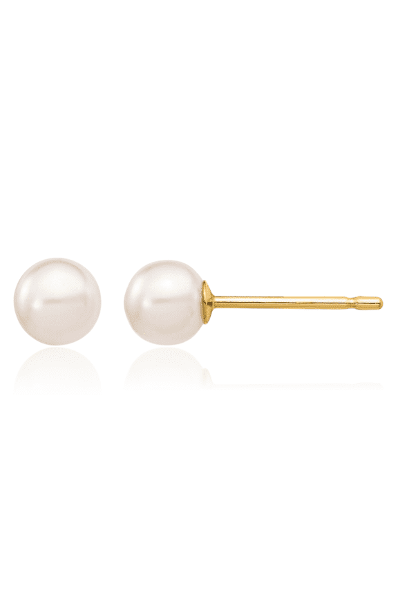 14K Solid Yellow Gold 4mm White Round Akoya Saltwater Cultured Pearl Stud Earrings