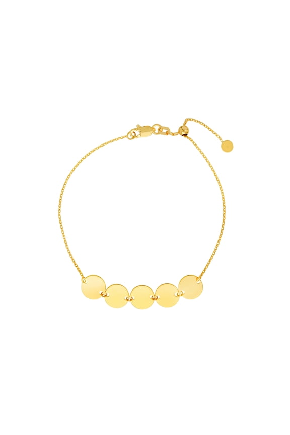14k Yellow Gold 5pc 8mm Disk Center Adjustable Bracelet 7.50 Inch Link Bracelet for Women