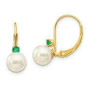 ICE CARATS 14k Yellow Gold 6 6.5mm White Round Freshwater Cultured Pearl Green Emerald Leverback Earrings Lever Back Drop Dangle Birthstone May Fine Jewelry For Women Gifts For Her