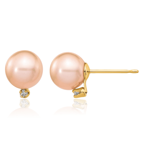 14K Solid Yellow Gold 5mm Pink Round Freshwater Cultured Pearl Diamond Stud Earrings
