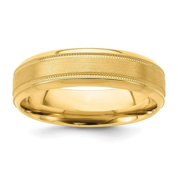 14k Yellow Gold 6mm Standard Weight Comfort Fit Brushed Satin/Polished Milgrain Grooved Edge Wedding Band Size 9.5 YB101S
