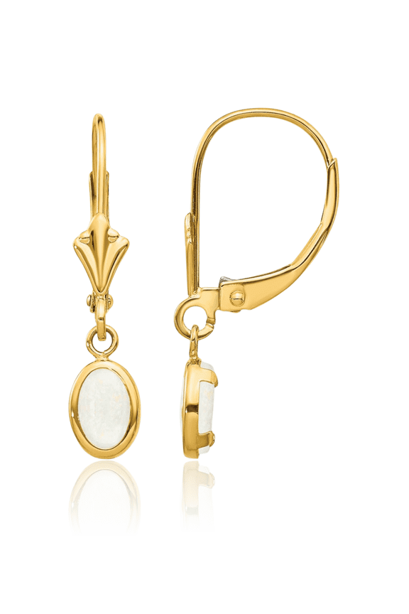 14K Solid Yellow Gold Oval Opal Drop Dangle Earrings October Birthstone Jewelry