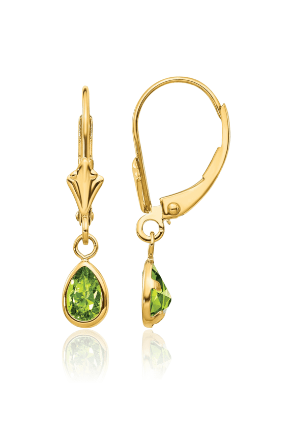 14K Solid Yellow Gold Green Peridot Drop Dangle Earrings Pear Teardrop Gemstone August Birthstone Jewelry