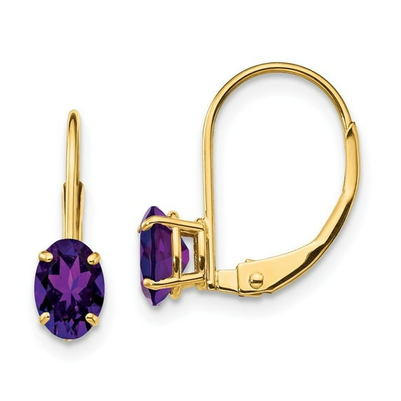 14k Yellow Gold 6x4mm Oval Amethyst Leverback Earrings - .86 cwt - Measures 16x4mm Wide