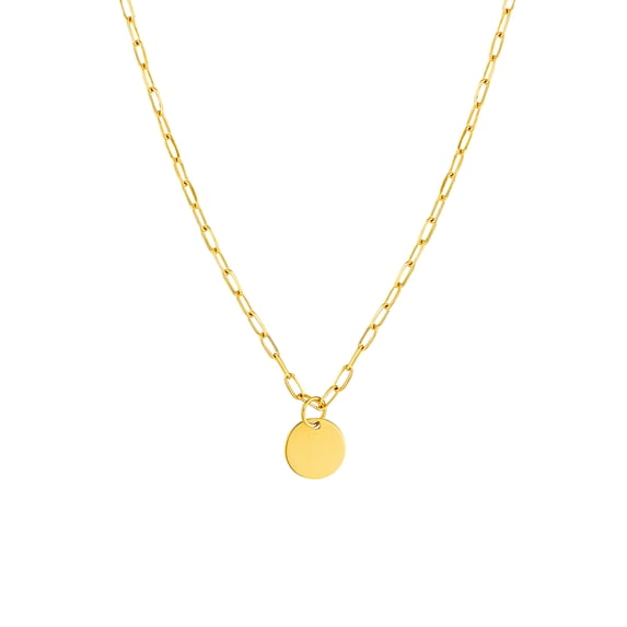 14k Yellow Gold 7.96mm Dangle Disk With 1.7mm Paperclip Chain Necklace 18 Inch Chain Necklace for Women and Men