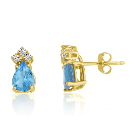 14k Yellow Gold 7X5 Pear Blue Topaz and Diamond Earrings