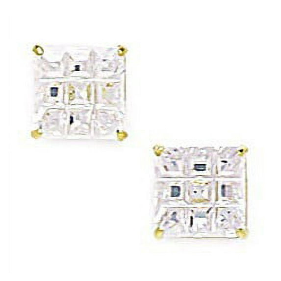 14k Yellow Gold 7mm Square Segmented Cubic Zirconia Screw-Back Earrings