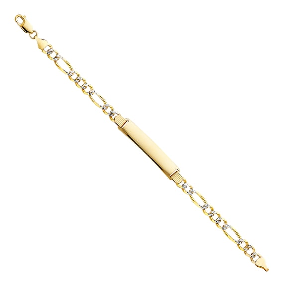 14k Yellow Gold 8.5" Diamond-Cut Pave Figaro ID Bracelet Lobster Clasp Jewelry Female Unisex