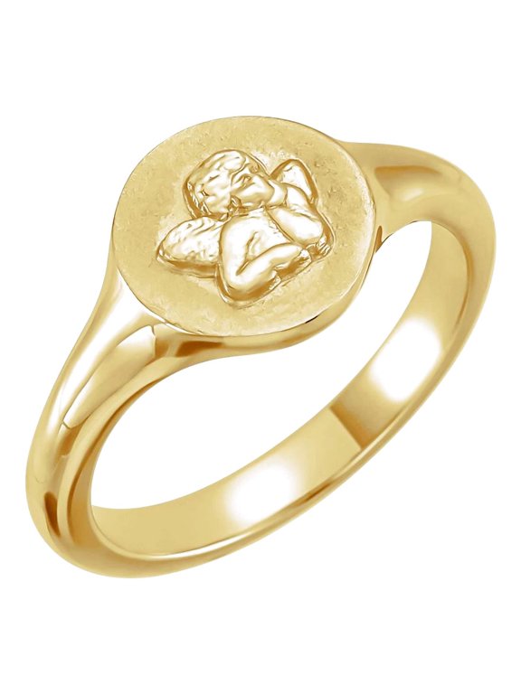 14k Yellow Gold 8.84mm Bead Blast/polished Cherub Religious Guardian Angel Signet Pinky Ring Size 4 Ring for Women