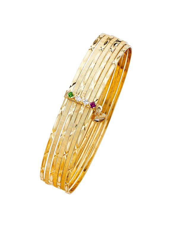 14k Yellow Gold 8" Fancy 7 Days Bangle Bracelet Simulated Emerald Clear Simulated Ruby 13mm Wide Female