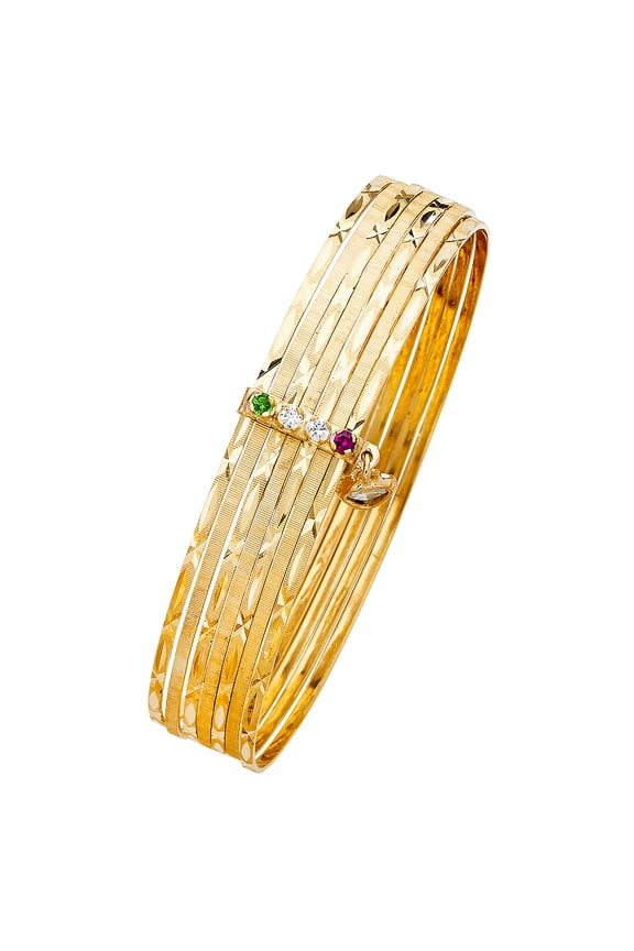 14k Yellow Gold 8" Fancy 7 Days Bangle Bracelet Simulated Emerald Clear Simulated Ruby 13mm Wide Female