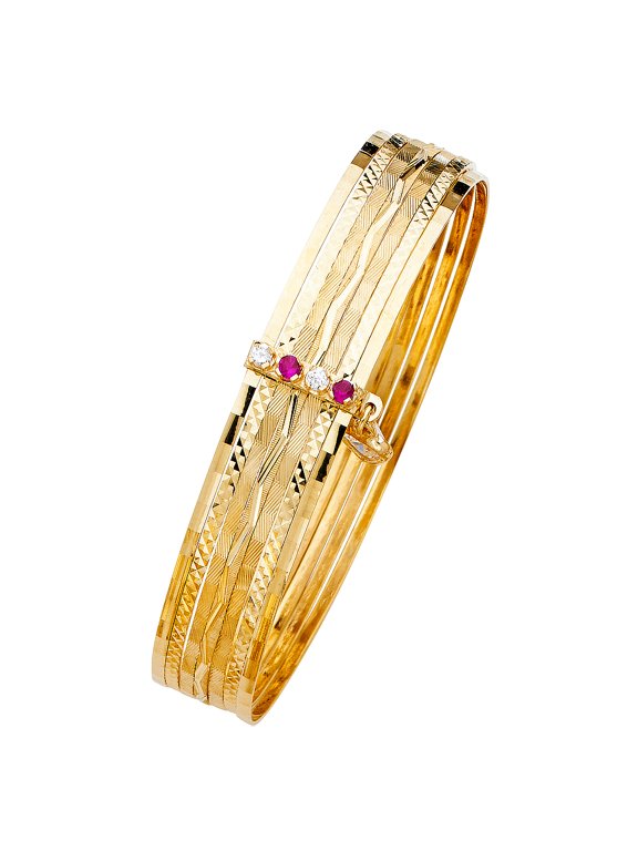 14k Yellow Gold 8" Fancy 7 Days Bangle Bracelet w/ Clear & Simulated Ruby 13mm Wide Jewelry Female