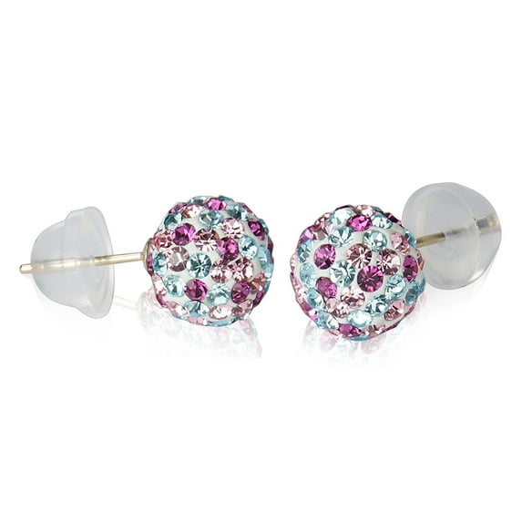 14k Yellow Gold 8mm Disco Ball Stud Earrings with Crystals Elements, Choice of Colors