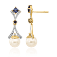 thumbnail image 1 of 14K Solid Yellow Gold 7mm Freshwater Cultured Pearl Lab Blue Sapphire Diamond Drop Dangle Earrings, 1 of 8