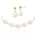 thumbnail image 1 of 14K Solid Yellow Gold 7mm White Rice Freshwater Cultured Pearl Necklace Chain Drop Dangle Earrings Set, 1 of 5