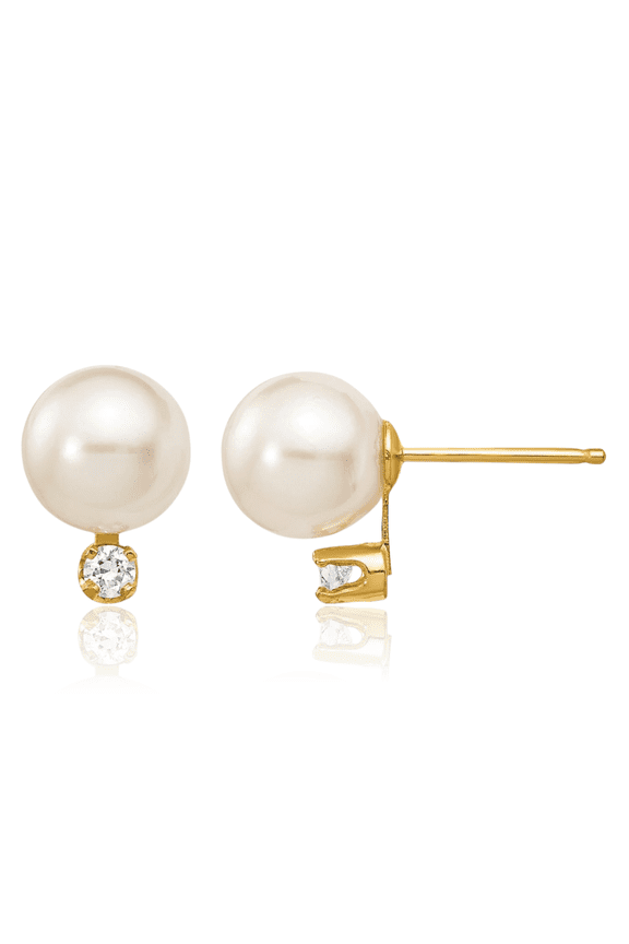 14K Solid Yellow Gold 7mm White Round Akoya Saltwater Cultured Pearl Diamond Stud Earrings