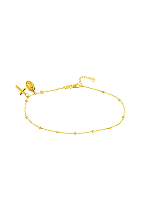 14k Yellow Gold 9-10 Inch Adjustable Station Virgin Mary and Religious Faith Cross 10 Inch Anklet for Women