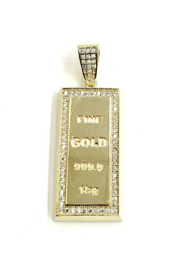 14k Yellow Gold 999.9 fine gold bar brick bar 1kg Pendant cubic zirconia 7.6g