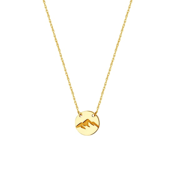 14k Yellow Gold 9mm Disk With Engraved Mountain Adjustable Necklace Spring-Ring Closure 18 Inch Pendant Necklace for Wom
