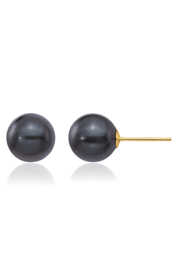 14K Solid Yellow Gold 8mm Black Round Akoya Saltwater Cultured Pearl Stud Earrings