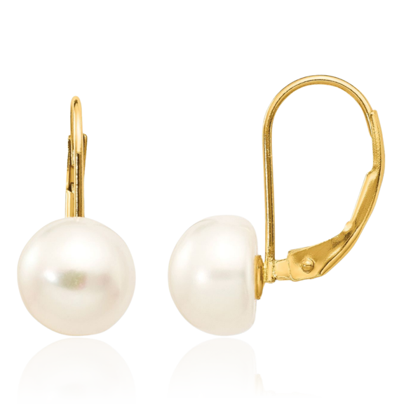 14K Solid Yellow Gold 8mm White Button Freshwater Cultured Pearl Drop Dangle Earrings