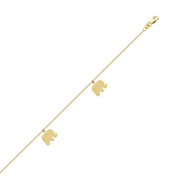 14k Yellow Gold Adjustable Elephant Dangle Trio Anklet - 2.0 Grams - 10 Inch