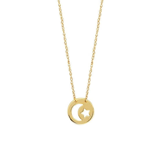 14k Yellow Gold Adjustable Mini Disk Cut Out Moon Star Necklace Spring Ring Closure - 18 Inch