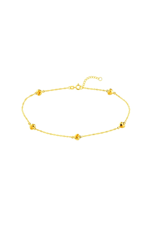 14k Yellow Gold Adjustable Polished Puffed Love Hearts Chain Ankle Bracelet 10 Inch Anklet for Women and Men