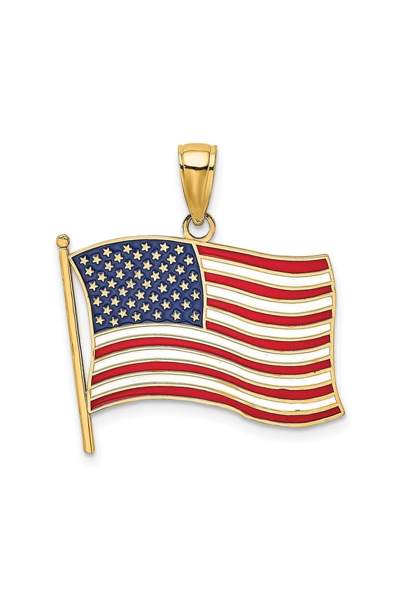 14k Yellow Gold American Flag Pendant Necklace with Red White Blue Enamel for Men and Women, Patriotic Jewelry Symbolizing Freedom and USA Pride