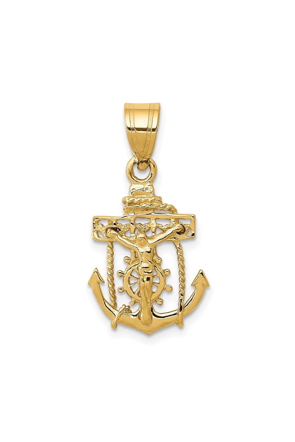 14k Yellow Gold Anchor Cross Pendant Necklace for Men and Women Nautical Religious Rope Crucifix Polished Mariner Jewelry for Faith Symbolism and Spiritual Strength
