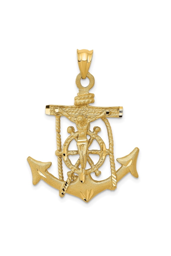 14k Yellow Gold Anchor Cross Pendant Necklace for Men and Women with Nautical Rope Detail Helm Design Religious Christian Symbol Spiritual Mariner Style Bold Crucifix Jewelry