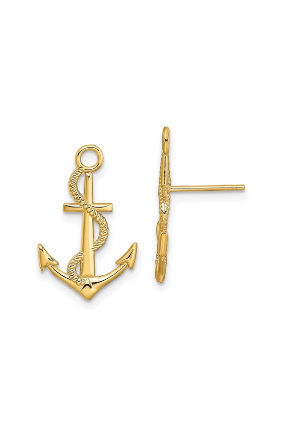 14k Yellow Gold Anchor Stud Earrings for Women with Rope Detail, Nautical Maritime Symbol of Hope and Stability, Christian Faith Ocean Style Jewelry
