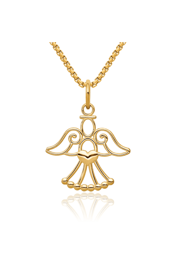 14K Solid Yellow Gold Guardian Angel Wings Necklace Protect Us Cherub Pendant Religious Charm