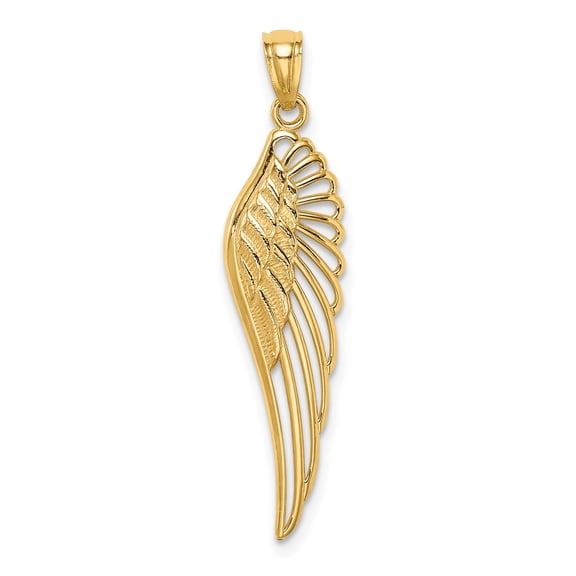 14k Yellow Gold Angel Wing Pendant Charm, Christian Memorial Openwork Feather Design