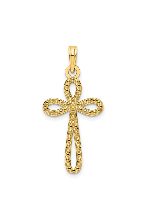 14k Yellow Gold Ankh Cross Pendant Necklace for Men and Women with Beaded Texture Polished Finish Open Design Egyptian Style Symbolic Statement Jewelry