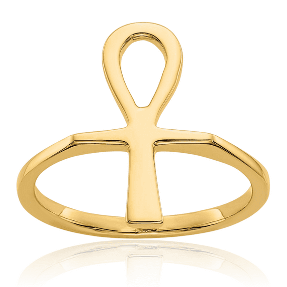 14K Solid Yellow Gold Egyptian Ankh Holy Cross Symbol of Life Ancient Ring Christian Religious Band