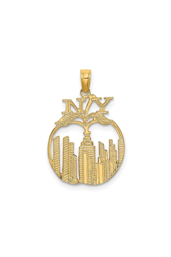 14k Yellow Gold Apple Pendant with New York City Skyline and NY Detail for Women and Men, Big Apple Symbol, Unisex Manhattan Souvenir Necklace, Urban Travel Jewelry