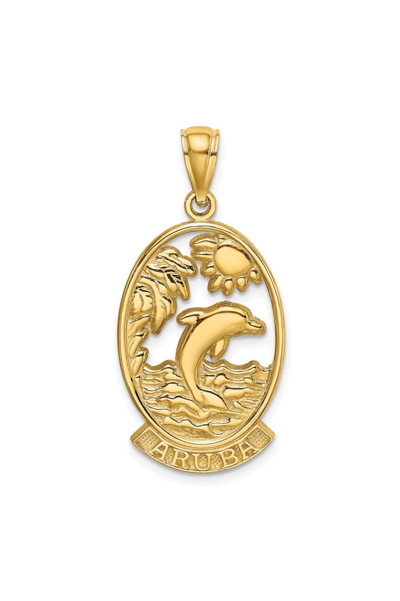14k Yellow Gold Aruba Pendant with Dolphin Wave and Sun Design, Unisex Island Charm for Beach Ocean Nature Travel Jewelry