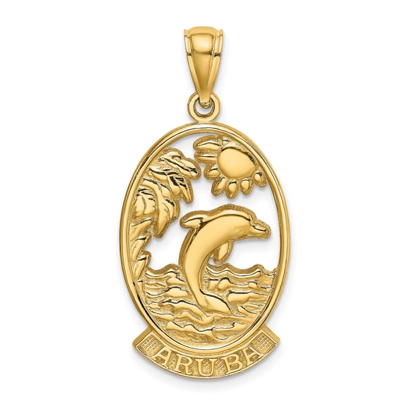 14k Yellow Gold Aruba Pendant with Dolphin Wave and Sun Design, Unisex Island Charm for Beach Ocean Nature Travel Jewelry
