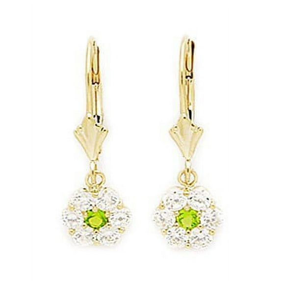 14k Yellow Gold August Green CZ Flower Drop Leverback Earrings - Measures 24x8mm