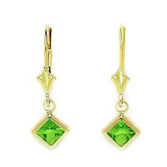 14k Yellow Gold August Green CZ Large Kite Drop Leverback Earrings - Measures 26x8mm