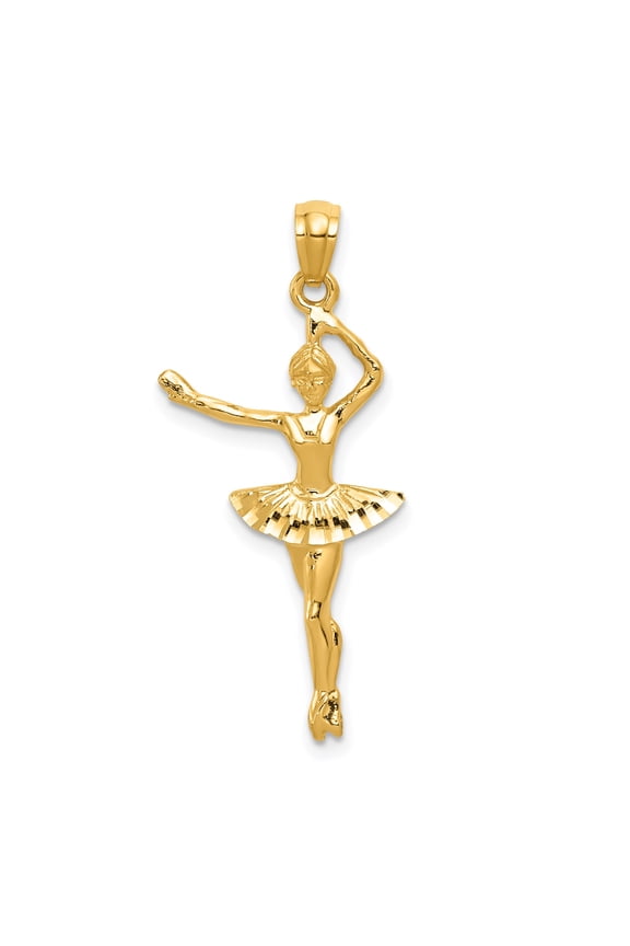 14k Yellow Gold Ballerina Pendant for Women, Detailed Ballet Dancer in Mid-Pose with Textured Tutu, Dance Jewelry Symbolizing Grace and Artistry, Elegant Necklace Charm for Ballet Enthusiasts