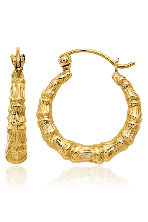 14K Yellow Gold Small Bamboo Round Hoop Earrings - 11mm 0.4 inch - Lightweight, Snap Back Women's